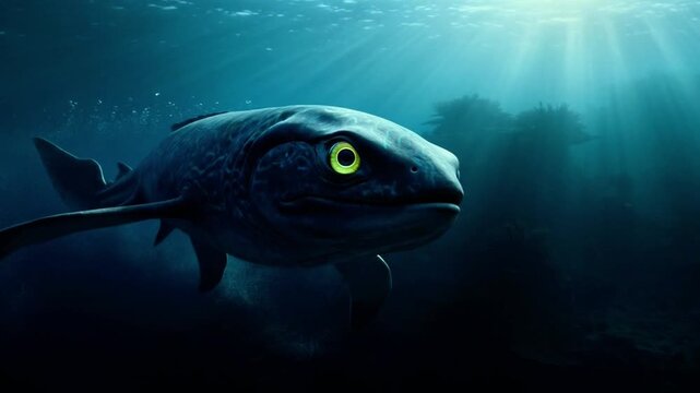 CGI prehistoric lobefinned fish swims in deep ocean sunbeams paleontology concept