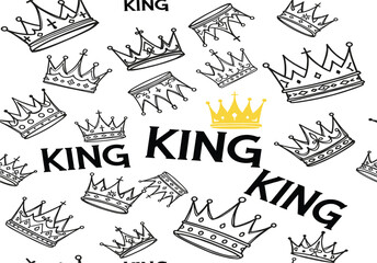 Fototapeta premium Seamless Pattern of Hand- Drawn Crowns and the Word KING on White Background king royalty