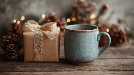 Fototapeta premium festive wrapped gift box with ribbon beside a ceramic coffee mug on a wooden background