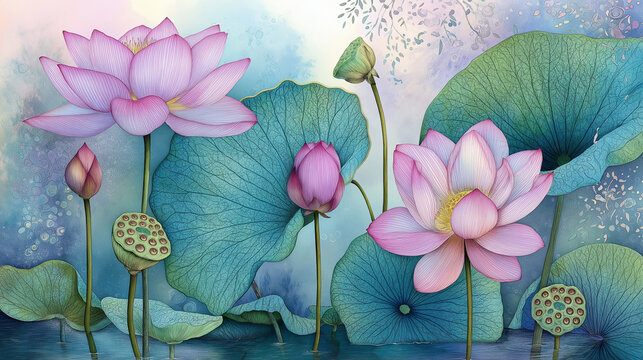 Soft Lotus Watercolor Illustration
A soft watercolor illustration of pink lotus flowers, buds, large green leaves, and seed pods in a tranquil pond. 