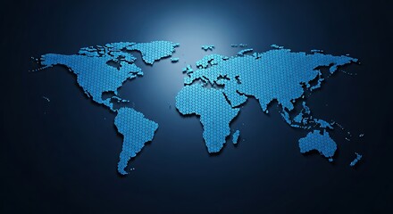 Fototapeta premium A digital map of the world rendered in blue hexagonal tiles on a dark gradient background