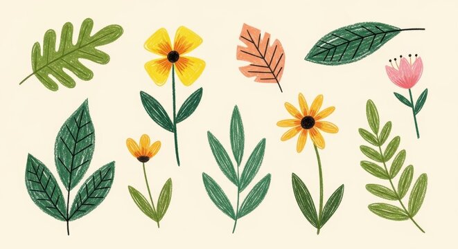 A spring summer card with abstract leaves, plants, flowers crayone art