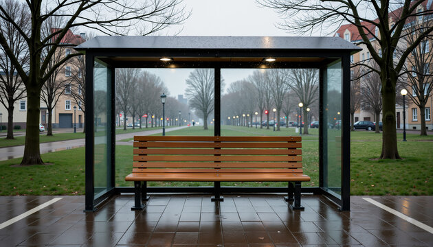 Urban bus stop shelter with wooden bench in rainy weather  