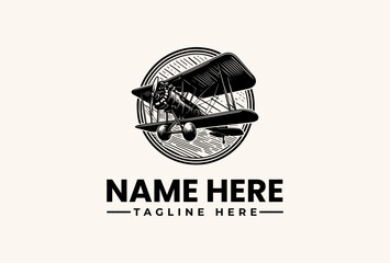 A vintage-style biplane illustration within a circular logo on a beige background with placeholder text for a name and tagline. © vectorvovdesign