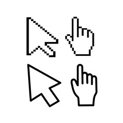 Obraz premium Pixel mouse cursor and hand pointer icon. Clipart image isolated on white background. Vector 10 eps.