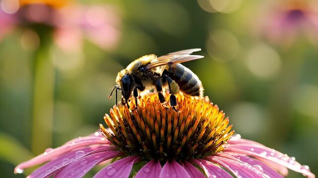 Close up bee on purple coneflower in nature.