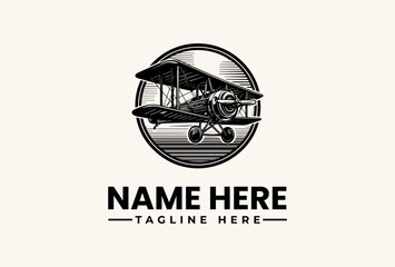 Black and white illustration of a vintage biplane within a circular logo on a beige background with space for a name and tagline. © vectorvovdesign