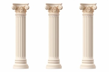 Three white classical columns with ornate capitals on a simple white background