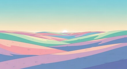 Rolling hills display pastel tones under a bright horizon at sunrise or sunset
