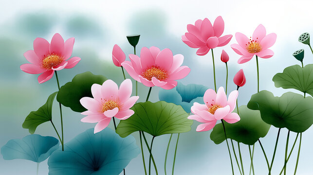 Soft Lotus Watercolor Illustration
A soft watercolor illustration of pink lotus flowers, buds, large green leaves, and seed pods in a tranquil pond. 