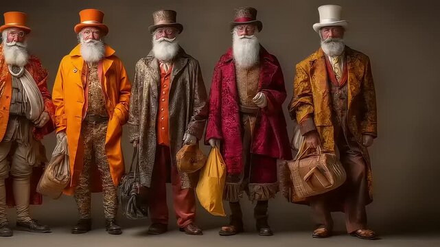 An array of distinguished gentlemen, each embodying a unique blend of vintage charm and vibrant eccentric character