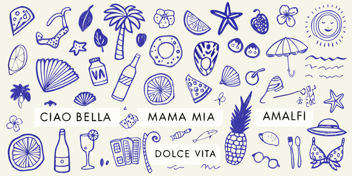 Whimsical blue doodle collection featuring italian summer themed illustrations