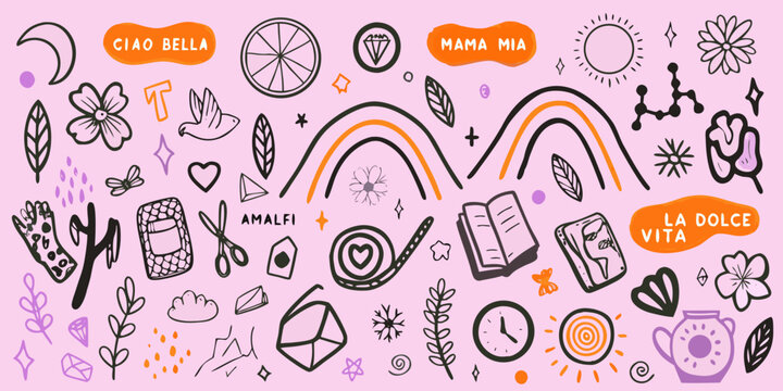 Italian themed doodles featuring citrus flowers and travel elements
