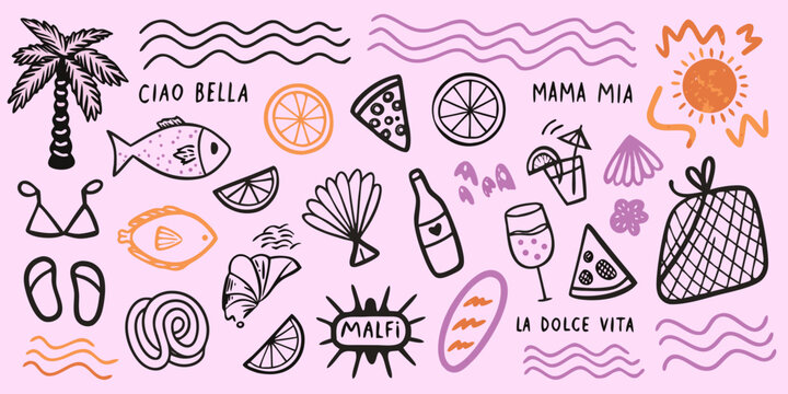 A playful doodle collection featuring italian summer themes and vibrant colors