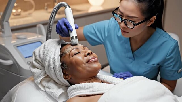 A skincare professional performs a microcurrent facial treatment on a woman in a modern spa setting promoting anti-aging and skin rejuvenation for a youthful glow