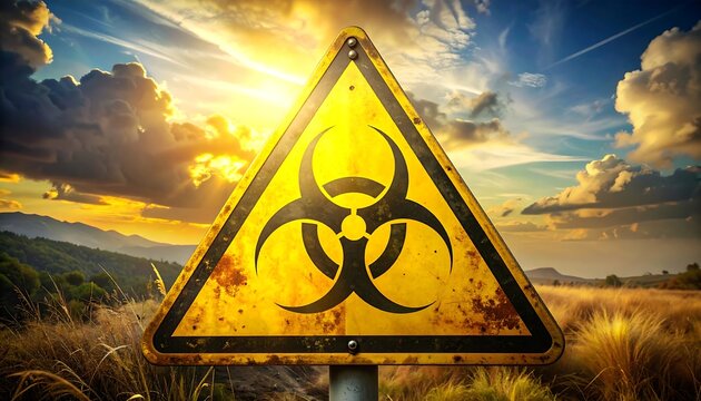 A yellow biohazard sign in a field at sunset