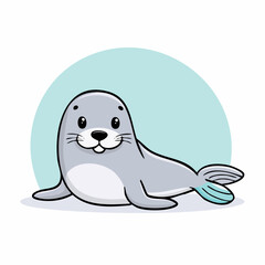 Obraz premium A cartoon seal lying on the beach with a friendly expression and a blue-green circular background