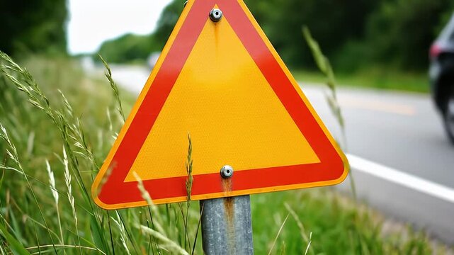Roadside warning sign along rural road prompts caution for drivers.