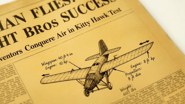 Vintage newspaper announces Wright Bros Success in first flight showing biplane illustration and specifications