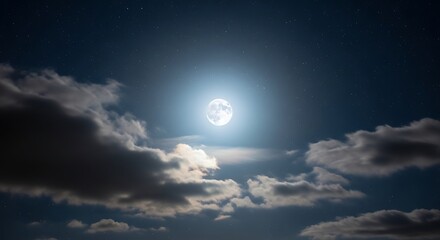Obraz premium A glowing, full orb moon dominates a dark blue sky with scattered clouds and twinkling stars