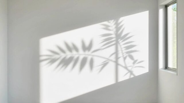 Palm leaf shadow gently moves on a clean white wall illuminated by sunlight