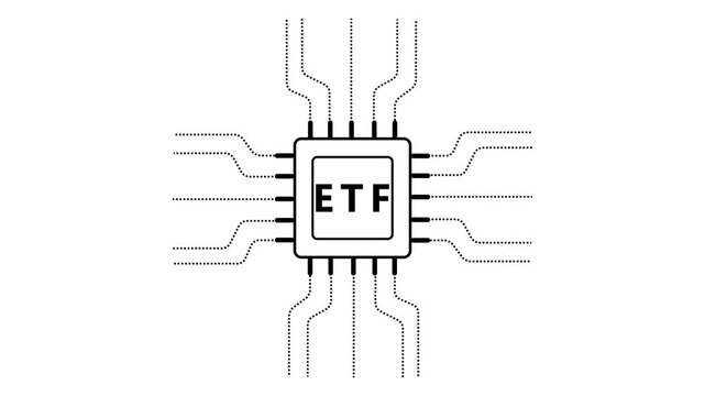 Black outline square microchip with eight pins and dotted lines extending outwards on a white background with the letter E