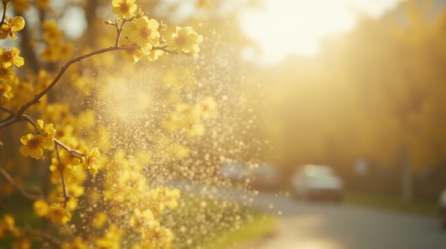 Close-up of pollen and dust floating in the air with blurred blooming trees in the background, representing environmental allergies on a bright day.
