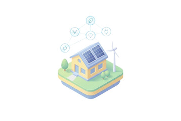 Fototapeta premium Eco friendly house with solar panel and wind turbine icon, isolated on transparent background.