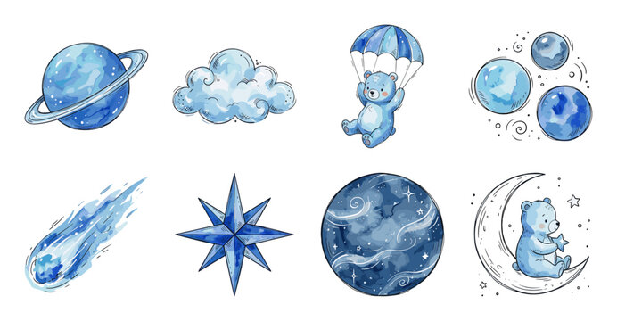 Blue Watercolor Space Bear Sticker Set, Celestial Vector