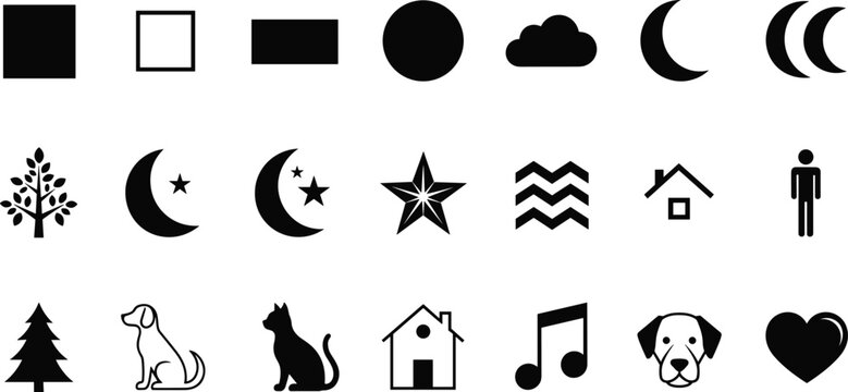 Set of simple black icons including shapes, moon, tree, house, animals, music note, and symbols in minimal silhouette vector style