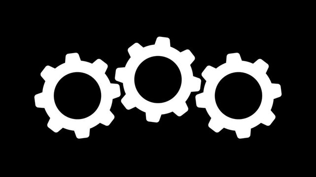 Animation of Five interconnected gears rotating together on a black background, Gear mechanism rotating animation. Rotating gear silhouette. Seamless loop Group of gears. Gears rotating
