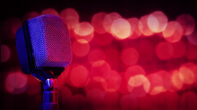 Vintage microphone on stage with red bokeh flashing lights. Entertainment and broadcast concept video loop background with a retro aesthetic