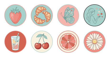 Summer Social Media Highlight Covers, Vector Sticker Set