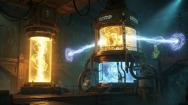 Futuristic laboratory with energy chambers and sparks