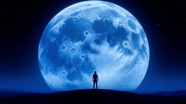 Blue full moon dominates the dark sky as a lonely figure stands in awe