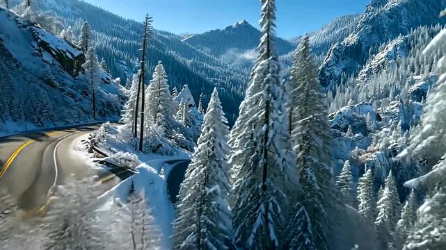 Snowy mountain road winds through frosted trees on a clear day  (107)