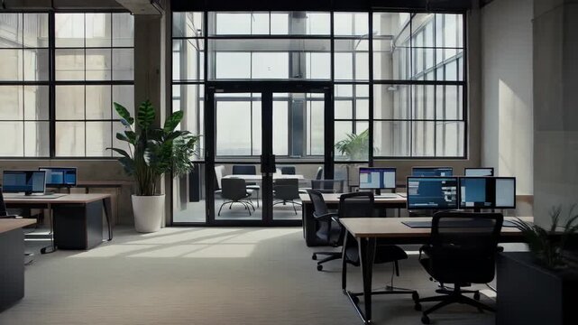 Minimalist office space with natural light and open design for creative or corporate setting with modern furnishings