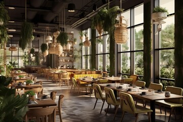 Fototapeta premium Spacious urban cafe dining area featuring natural wood furniture, lush hanging plants, and abundant natural light