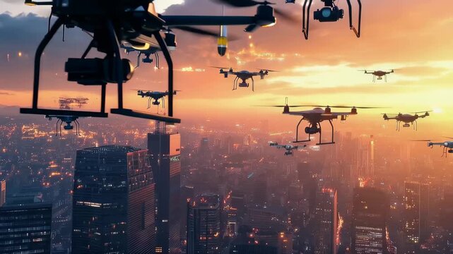 Skybound Fleet: A squadron of modern drones soar through the sky, weaving their way above a sprawling cityscape under a vibrant sunset.