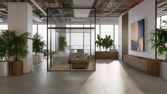 Modern office interior with glass partitions plants and polished concrete featuring breakout room and natural light