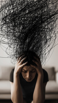 Sad depressed young woman, person crushed by trauma, depression and dark thoughts, symbolized by a messy scribble made with a black pen. The lady holds her head in her hands, face down, dramatic feel
