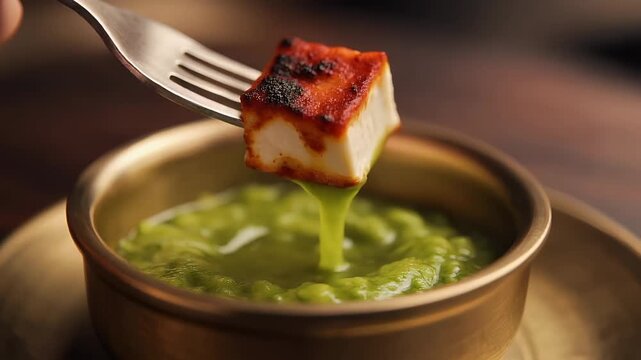 Paneer tikka cube dipped in green chutney on fork, close-up Indian food photography