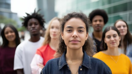 Diverse group of young adults standing together in urban setting  