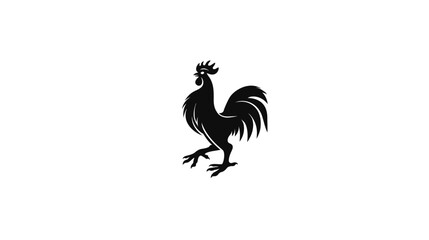 Fototapeta premium Proud black rooster silhouette illustration. Minimalist graphic design element of a majestic fowl, standing in profile on a white background.
