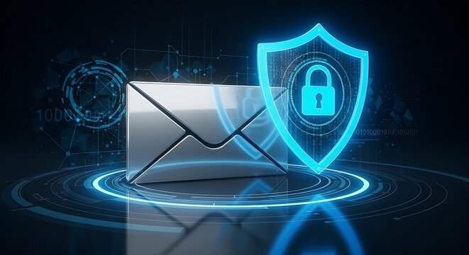 Cybersecurity concept showcasing secure email communication with a glowing protective shield and padlock, emphasizing data protection and digital privacy in a futuristic network environment