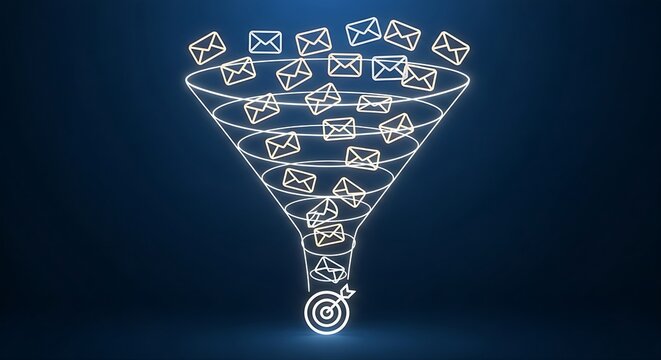Email marketing funnel illustration showing messages flowing into a target