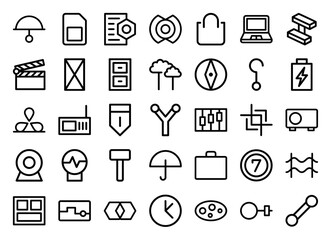 Universal multimedia and technology line icon set. Vector pictograms of laptop, battery, cloud, umbrella, clock, radio, and camera, thick outline illustration.