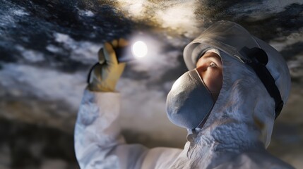 Worker in protective gear inspecting moldy ceiling with flashlight  