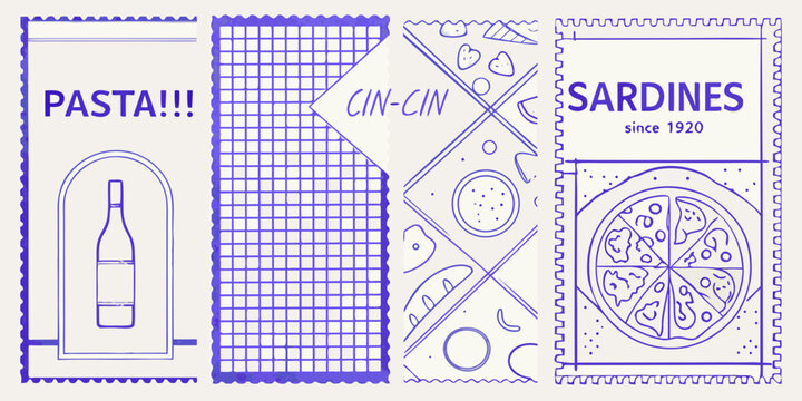 Vintage style food labels featuring pasta pizza sardines and cin cin