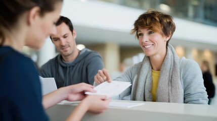 Woman smiling while receiving documents at reception desk  